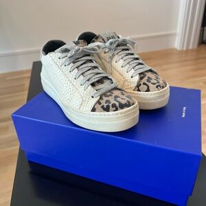 P448 Cream and Leopard Print Sneakers with Silver Laces